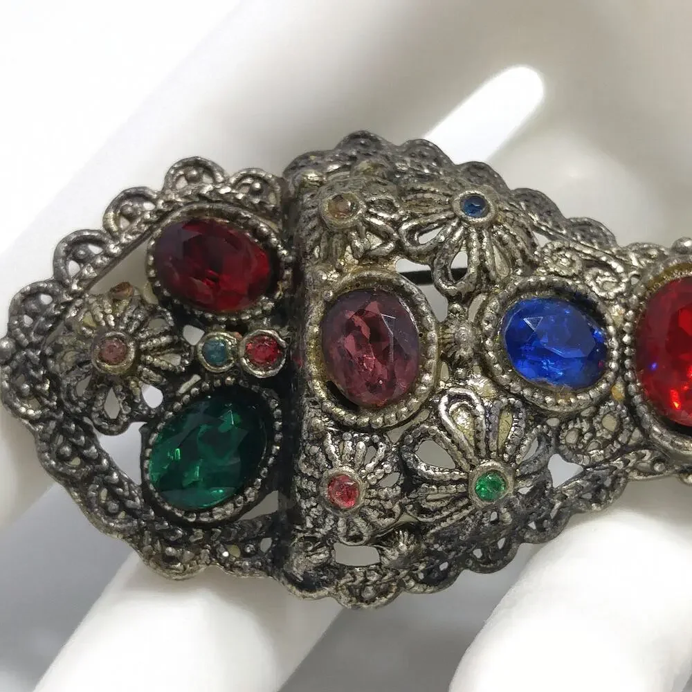 Vintage Rhinestone Floral Bow Brooch, Filigree Flowers, 1930s Jewelry